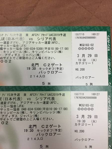 専用① 数量限定，格安 3/29 日本代表vsシリア カテゴリー1 バック 5列目 ペア
