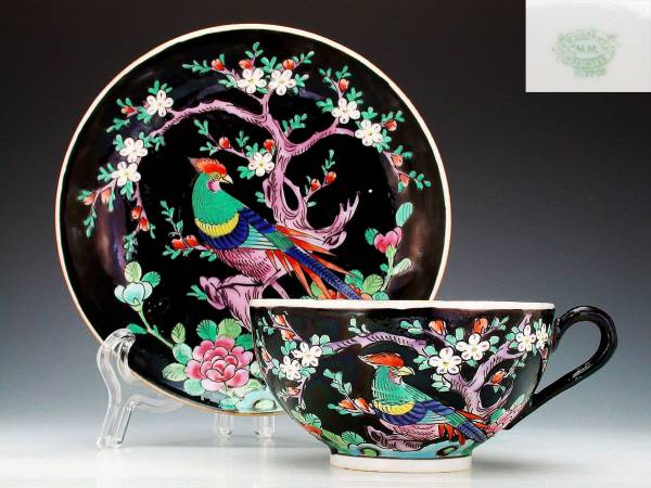 オールド ニッポン・金彩エナメル黒地太湖石南国鳥紋 C&S 西洋陶磁