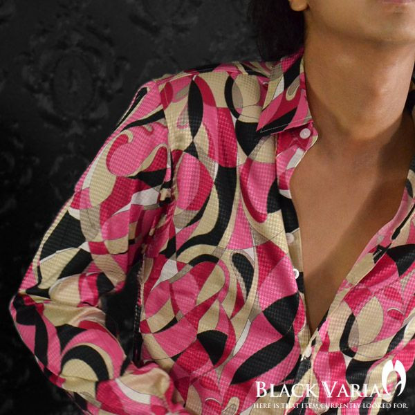 6#925980-pk BLACK VARIA千鳥プッチ柄長袖シャツLピンク黒メンズ