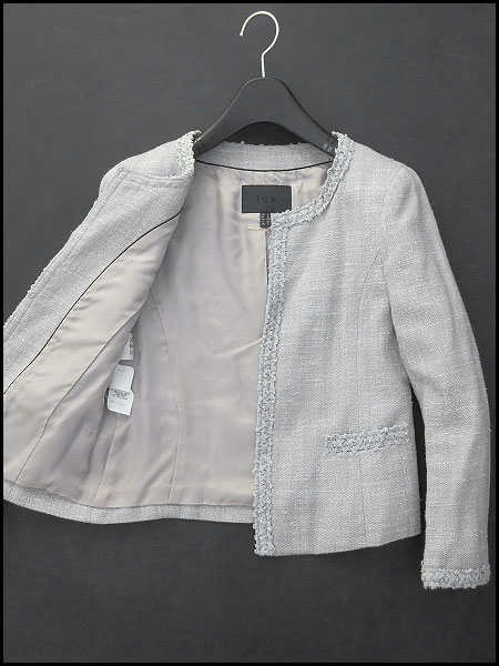 美品 iCBアイシービー ノーカラーツイードジャケット9灰★J25914