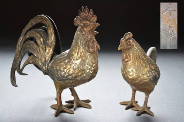 【十三】 金工師造古銅在銘夫婦鶏 検10瓶掛唐物中国164