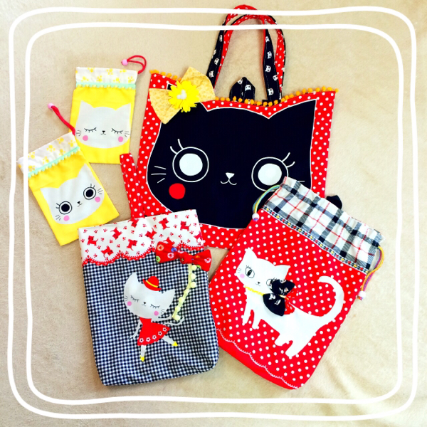 ハンドメイド 猫ちゃんちゃんレッスンバック セット5点