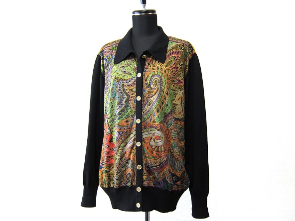 美品 LEONARD レオナール 柄 シルク混 ニットカーディガン 黒 L 