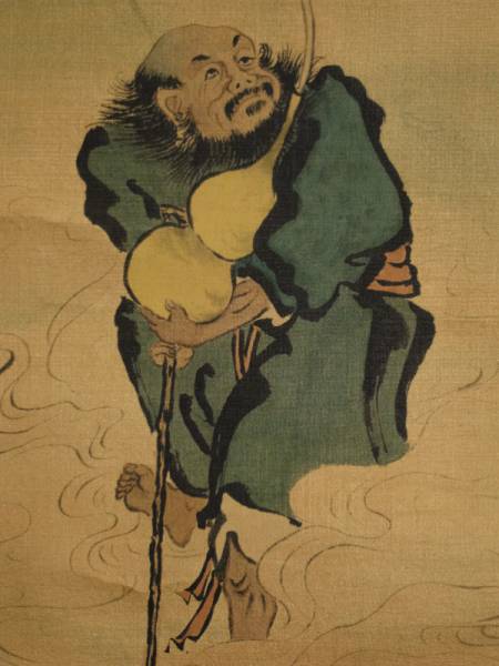 石谷 銘 掛軸 仙人図 瓢箪 蝙蝠 絹本 肉筆(検: 中国 支那 神仙