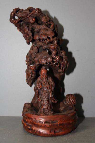 清代、竹根彫り　松下老寿星像　置物