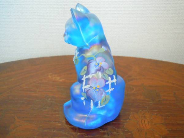 ガラス製 猫の置物 ブルー オブジェ フェントン社＊オーシャンブルーの猫＊猫置物＊工芸ガラス FENTON 花柄