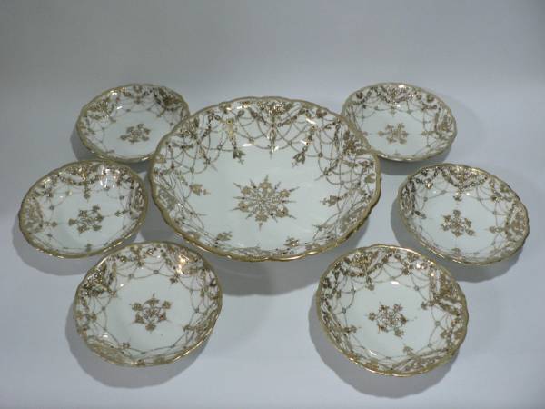 オールドノリタケ 明治～大正期 豪華 金盛り瓔珞文 ボウルセット 陶芸