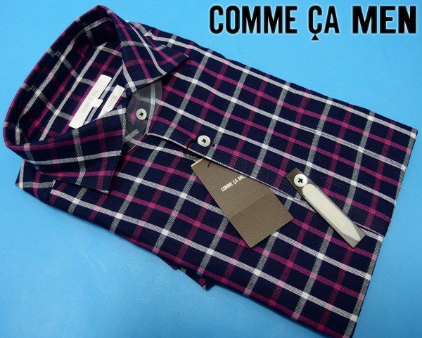 新品1.7万★コムサメン 日本製 チェック ガーゼ ドレスシャツS紺