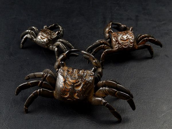 古美術 古銅造 蟹 置物 三点 時代物 細密細工 盆景道具 極上品