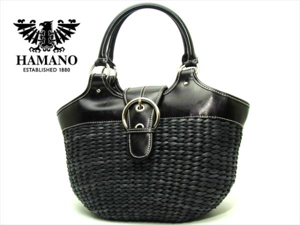 美品 濱野皮革工藝 ストロー 切り替えかご ハンド バック ハマノ