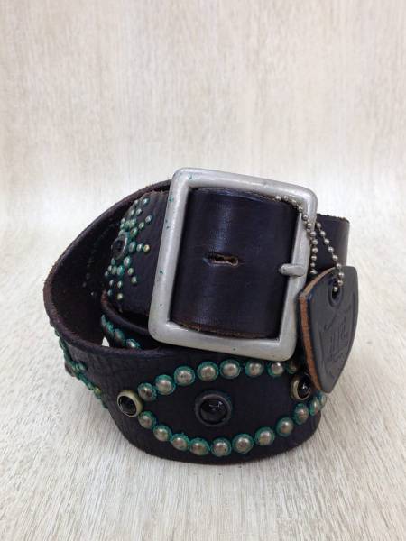 HTC◆ベルト/BRW/レザー/無地/ピーナッツスタッズ/34/緑青有