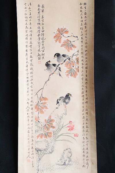 三渓堂】Z1074 中国画 名家書法字画 掛け軸 花鳥図 197cm 状態や年代