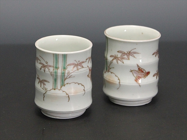 杜】 古伊万里 染錦 雀に雪輪文 のぞき 2客 PP391-E3 工芸品 日本の