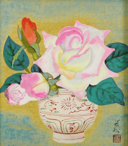 167306c17t 気品満ちた作品 落款有 日本画 色紙「薔薇」共タトウ