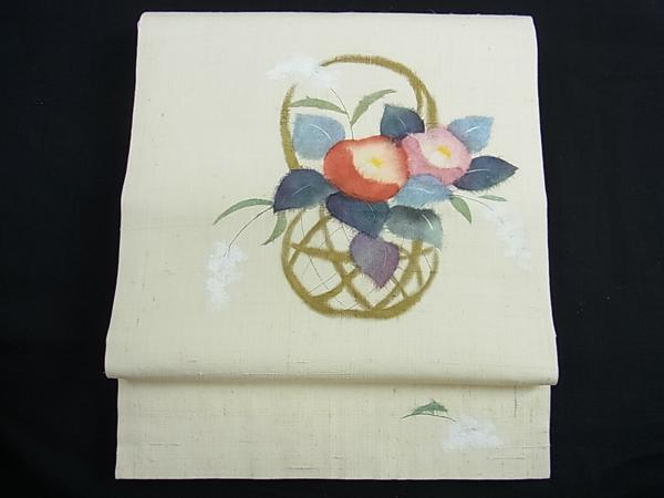 花美人着物■九寸開き名古屋帯　紬地　花籠文　和紙　金彩ｂ852