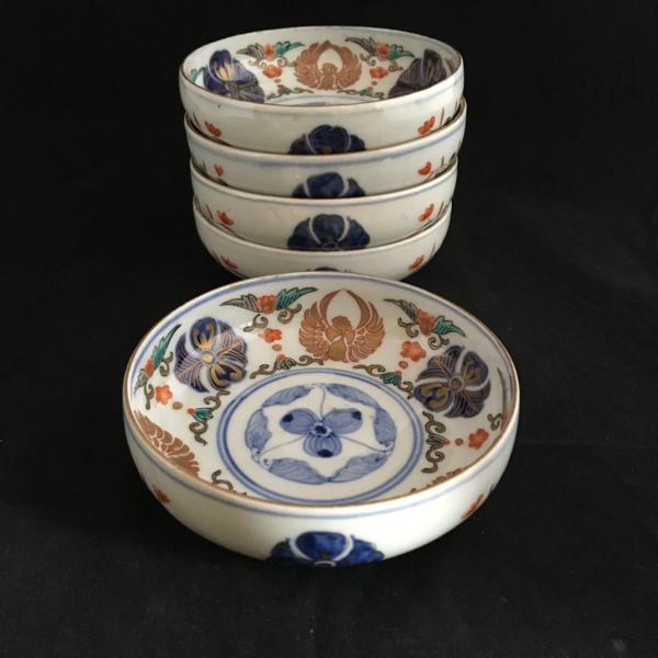 蔵出し】 古伊万里 金彩色絵 取り皿 5枚組 花鳥文 11.4cm