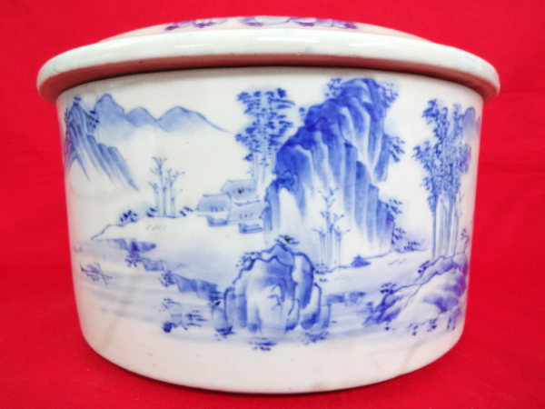 ○古美術品 茶道具 古染付山水文水指 蓋物 古玩唐物古伊万里 陶芸