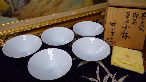 ◇牧勇吉/青白磁/印花草文小鉢/鉢/五客/共箱/共布◇◇ □アクセス
