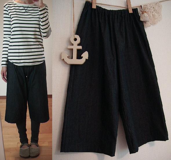 ：ハンドメイド：インディゴデニム半端丈パンツ ペチパンツ