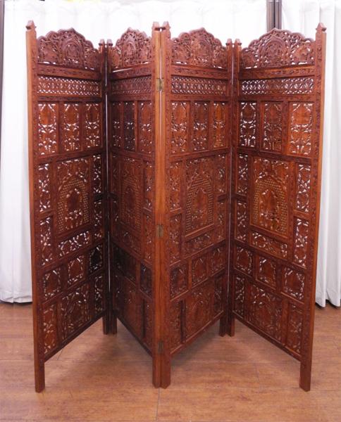◇アジアン家具 透かし彫り 4連衝立 木製パーテーション アジアン家具
