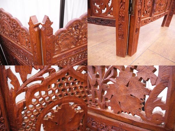 ☆木製透かし彫り 4連パーテーションアジアン 衝立木製彫刻