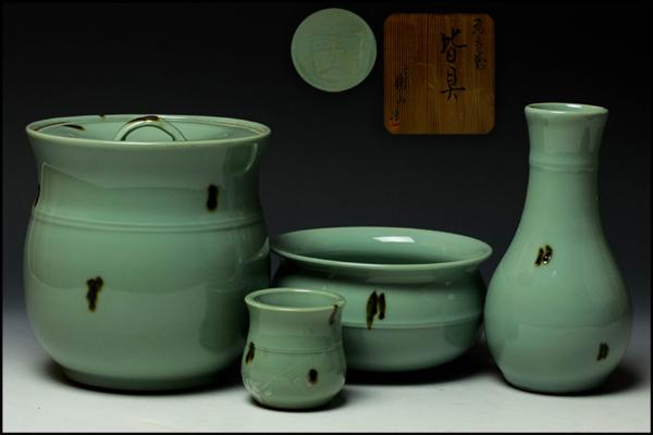 【佳香】平安静山 飛青磁皆具 共箱 茶道具 茶碗水指杓立 保証