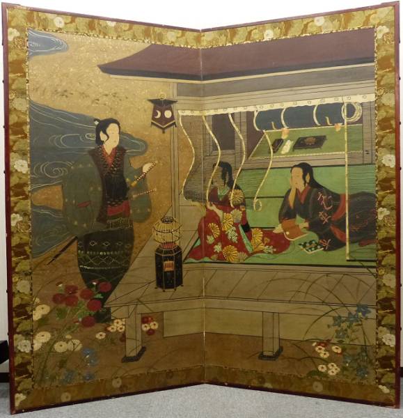 ◇角出◇時代 紙本肉筆 浮世絵・風俗画 二枚折屏風 無落款 日本画