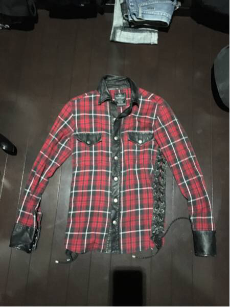 BACKBONE バックボーン レザー切替レースアップチェックシャツ S