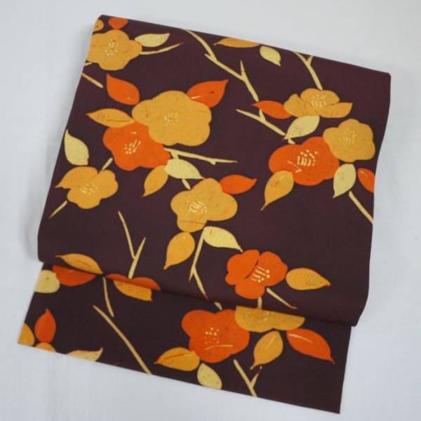 WO56★長尺・正絹・九寸名古屋帯★こげ茶・オレンジの椿