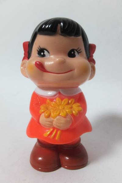 不二家 ペコちゃん 花持ち ソフビ貯金箱人形 9cm レトロ 当時品(ペコ 