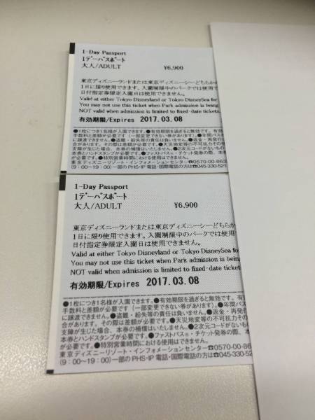 ディズニーリゾート 1day ペア パスポート 大人 2枚 2017/3/8