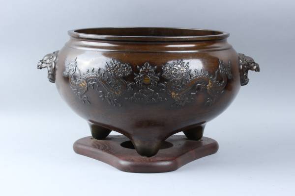 【隆庵】唐銅製 龍玉紋 獅子環付 火鉢 瓶掛　骨董