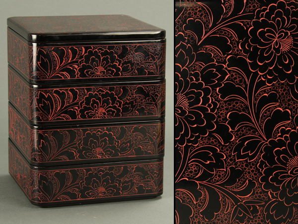 【琴》茶懐石道具 輪島塗牡丹図四段重箱 箱付 AR723