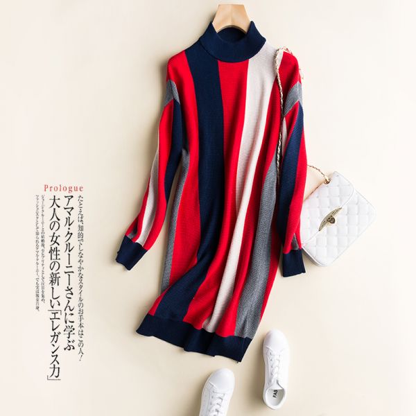 カラー切り替えウールニットロングセーターワンピースZZ017