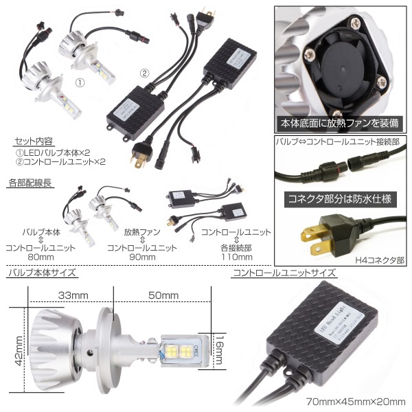 即日発送 H4 Hi/Lo LED ヘッドライト 4500LM 白 12V/24V _27200/