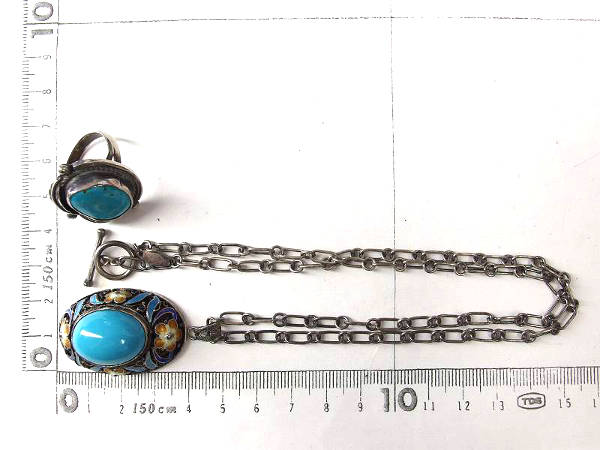 ターコイズネックレス 1円 トルコ石×シルバー925 リング