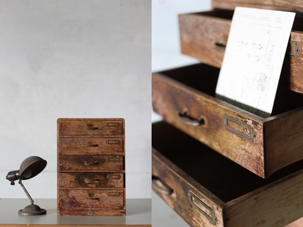 TB526ネームプレート付き 古い引き出し棚5杯◇昭和レトロ/レターケース/卓上/木製/天然生活/収納/書類棚/キャビネット/古道具タグボート