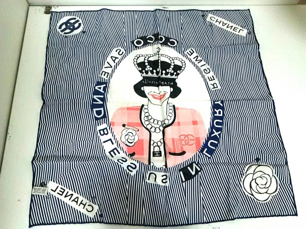 シャネル ハンカチ 美品 ブルー×白×マルチ ボーダー CHANEL