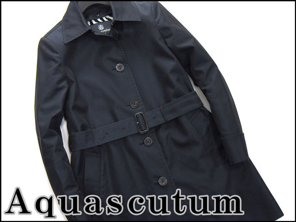 美品 アクアスキュータム ファーライナー付きシングルトレンチコート6(S)紺★J30784