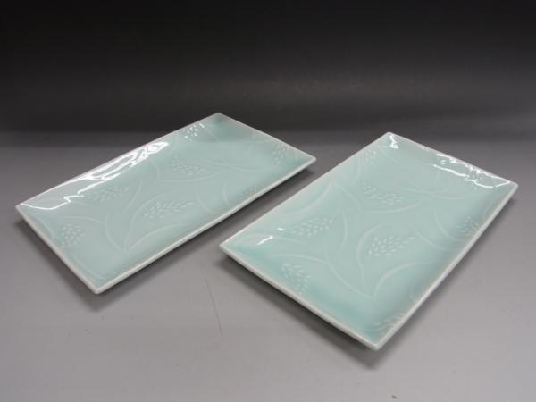 ▽たち吉 橘吉 青磁 稲穂 焼物皿/角皿/取皿 2枚 セット (23WRL(たち吉