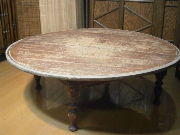 ♪古い木味アンティーク折り脚テーブル/丸ちゃぶ台レトロ座卓