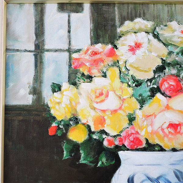 絵画◇額装 千田 仁 肉筆 油絵 バラ 赤 黄色 つぼみ F6号◇75 TOPICS