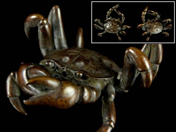 ◆廻◆ 時代金工師造 赤銅製 蟹置物 6cm 一対 細密細工 唐物骨董 [G47]R
