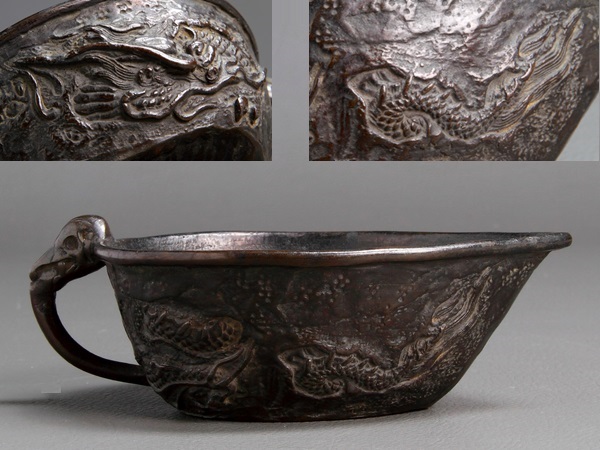 □明治期旧家初荷/煎茶道具/金工師匠造宣徳銅高彫雲龍