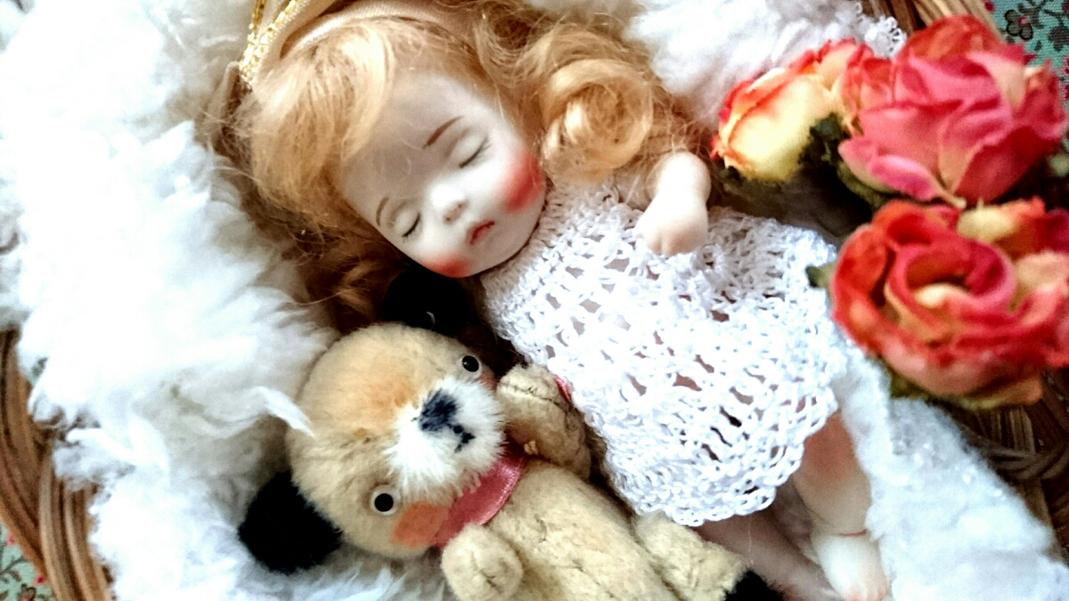 未使用 国内作家様 hacodeco ねむねむことりちゃん ビスクドール お人形 ☆送料込 小さなビスクドール ねむねむことりちゃん&テディベア haco