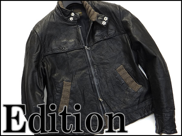 美品 Edition エディション ウールリブ付き羊革レザーブルゾン48(L)黒★J31156