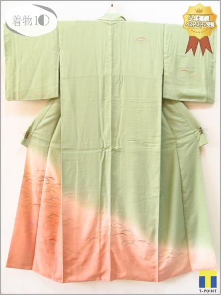 ★着物10★ 1円 絹 刺繍 露草 芝草 葉文 袷 付下げ 身丈162cm 裄67cm ☆☆☆