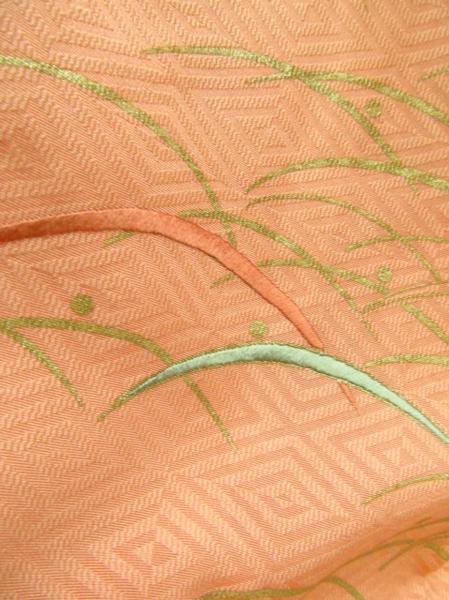 ★着物10★ 1円 絹 刺繍 露草 芝草 葉文 袷 付下げ 身丈162cm 裄67cm ☆☆☆