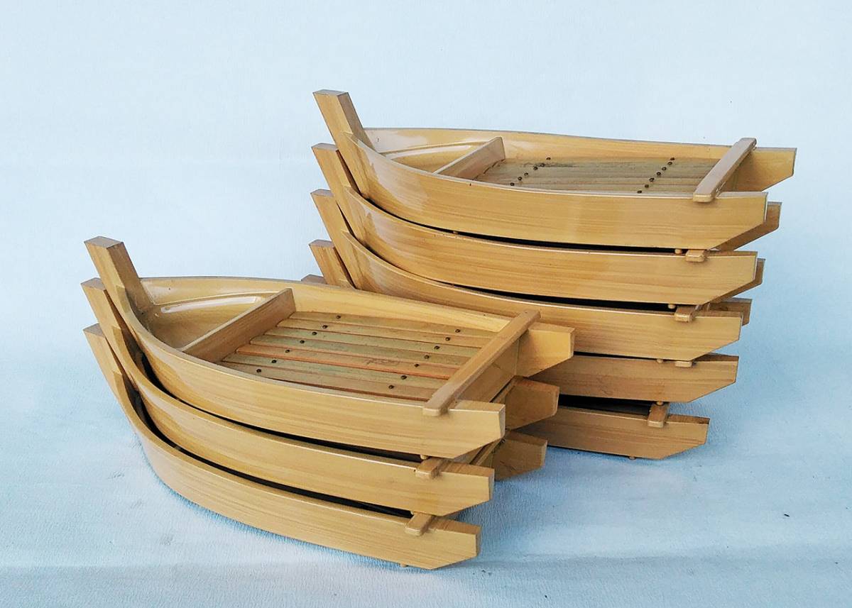 1人舟白木木目　刺身 そば 寿司　盛合せ　8客 樹脂製　竹下司付