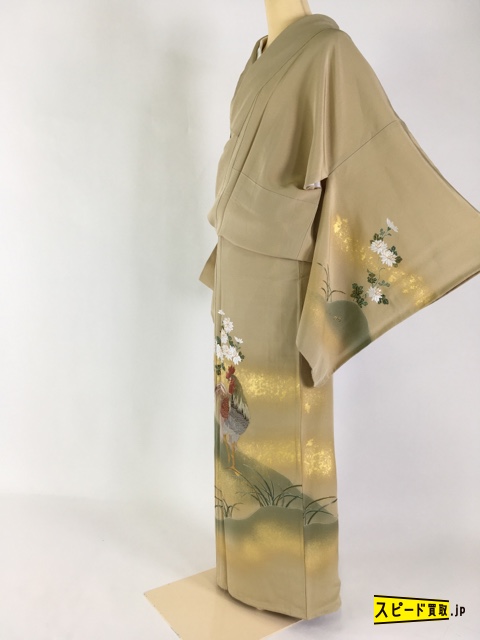 スピ買■1円 名品 訪問着 ベージュ にわとり一家 菊 金駒刺繍 刺繍 金箔 正絹 袷 168cm Lサイズ☆☆☆☆